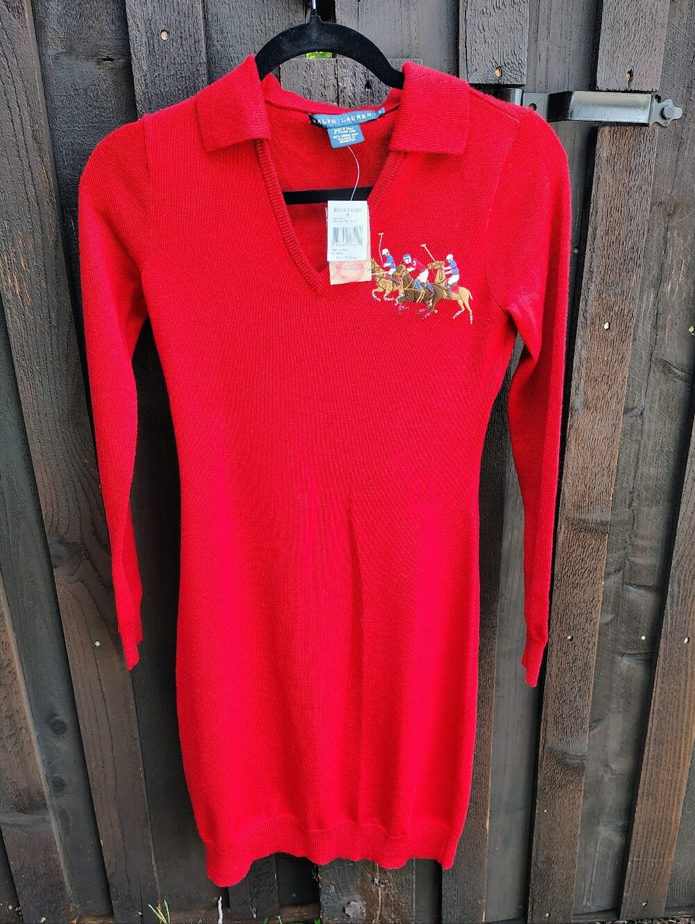 RARE Ralph Lauren Red Polo Sweater Dress with Embroidered Polo Players
